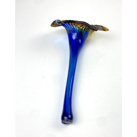 Hand Blown Art Glass Blossum Holder Cobalt Blue Orange Lay Down Flower Vase DW18 - Picture 5 of 7